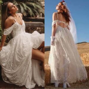 For Love & Lemons Vera Satin Lace Bustier Bridal Gown Size XS NWT Crisp White